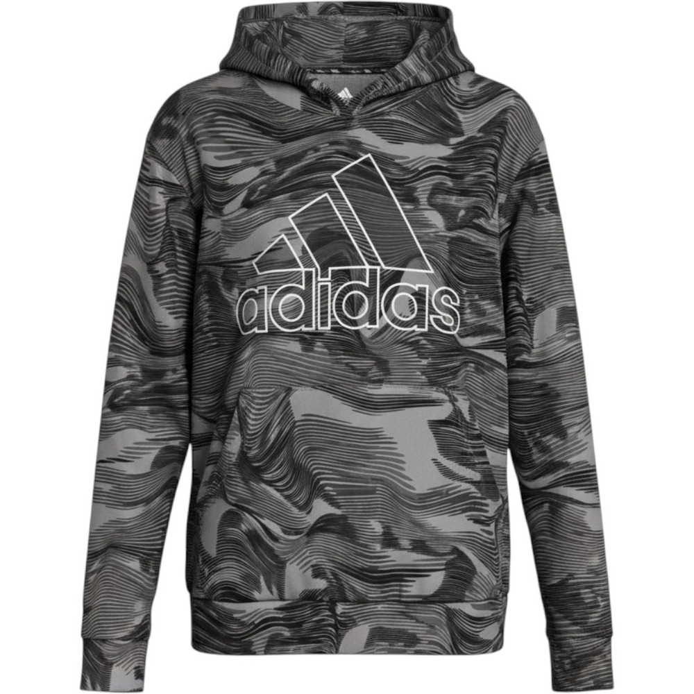 Adidas Hoodie Boys L 14/16 Grey Black Abstract Wave Badge of Sport Logo